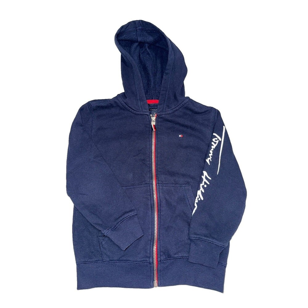 Tommy Hilfiger Boys Full Zip Hoodie Logo Sleeve Size 6 Navy